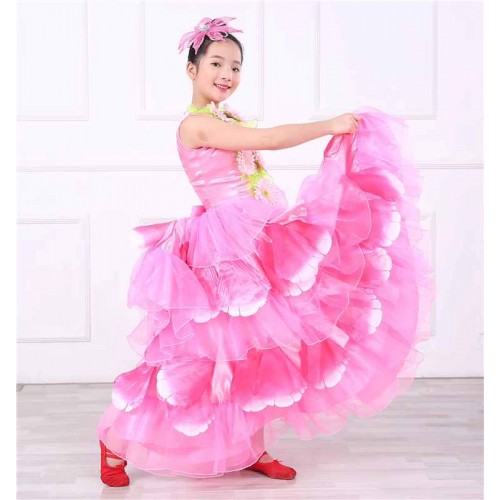 Flowers pink red blue yellow petals bloom flamenco dance dresses for girls kids opening dance paso double spanish bull dance swing skirts for children